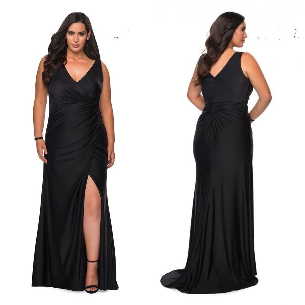 La Femme Black V-Neck Ruched Evening Gown with Thigh Slit